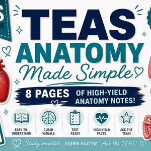 May include: A study guide titled "TEAS Anatomy Made Simple" with illustrations of the heart, lungs, brain, and digestive system. The guide includes notes, and is "Nurse Approved". The guide also includes the text "Study smarter. Learn faster. Ace the TEAS!"