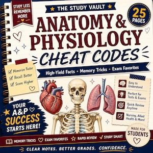 Pode incluir: Um guia de estudo encadernado em espiral intitulado The Study Vault Anatomy & Physiology Cheat Codes com 25 páginas. A capa apresenta ilustrações de um coração humano, um crânio e pulmões, com texto incluindo Memorize Faster, Recall Better, Score Higher.