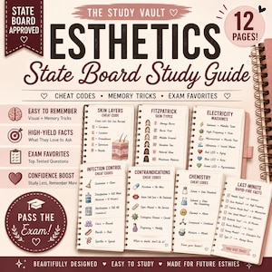 May include: A 12-page Esthetics State Board Study Guide featuring cheat codes, memory tricks, and exam favourites. The guide includes sections on skin layers, Fitzpatrick skin types, electricity machines, infection control, and chemistry cheat codes.