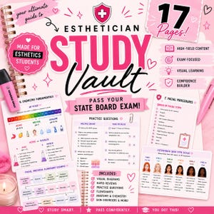 May include: A pink and white Esthetician Study Vault notebook with the text "Made for Esthetics Students." The notebook includes study guides, practice questions, and visual diagrams for the state board exam. A pink highlighter and pen are also visible.