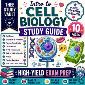 Könnte beinhalten: Ein digitaler Studienführer mit dem Titel Intro to Cell Biology Study Guide mit farbenfrohen Illustrationen einer Zelle, DNA und einer Pflanzenzelle. Das Dokument enthält eine Liste von Themen wie Zelltheorie und Mitose auf insgesamt 10 Seiten.