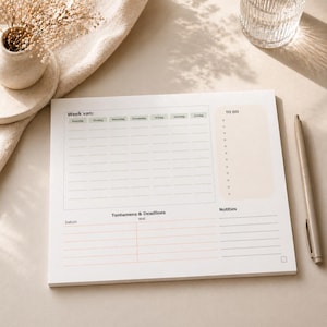 Op de afbeelding: Een witte wekelijkse planner met een rasterindeling voor planning, een takenlijst en ruimte voor notities. Een pen ligt ernaast. De planner heeft tekst in het Nederlands.