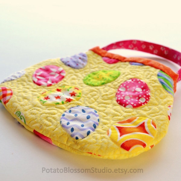 Handmade Easter purse for child toddler girl in yellow Easter egg print quilted and lined