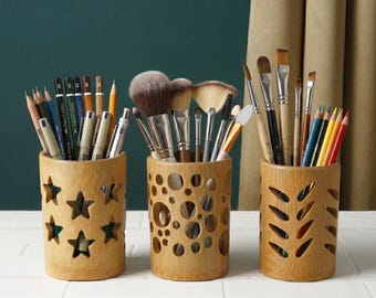 Vaso organizador de escritorio de bambú natural: soporte para bolígrafos, lápices y cepillos de dientes.