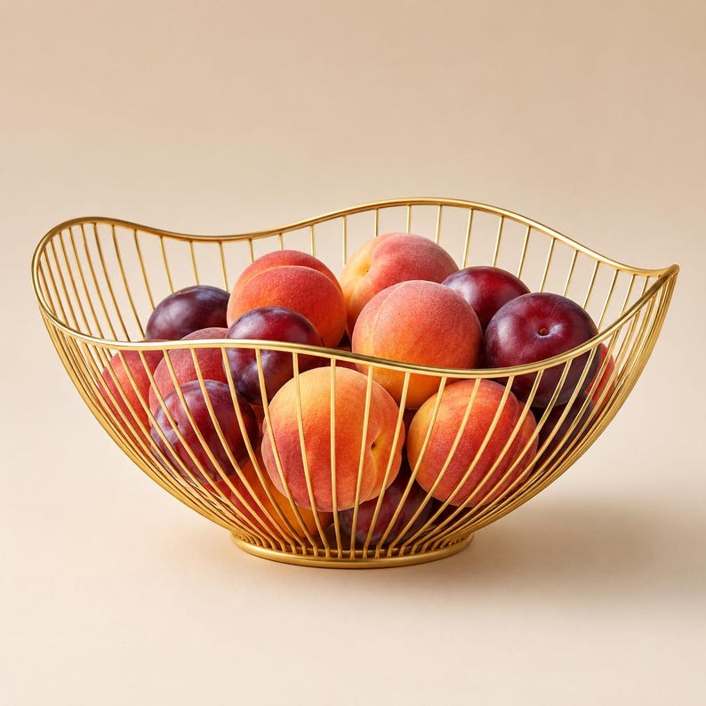 May include: A gold-colored wire fruit bowl with a wavy, open-frame design filled with a variety of fresh peaches and dark purple plums. The bowl features a circular base and thin, vertical metal rods that curve upward to form the basket shape.