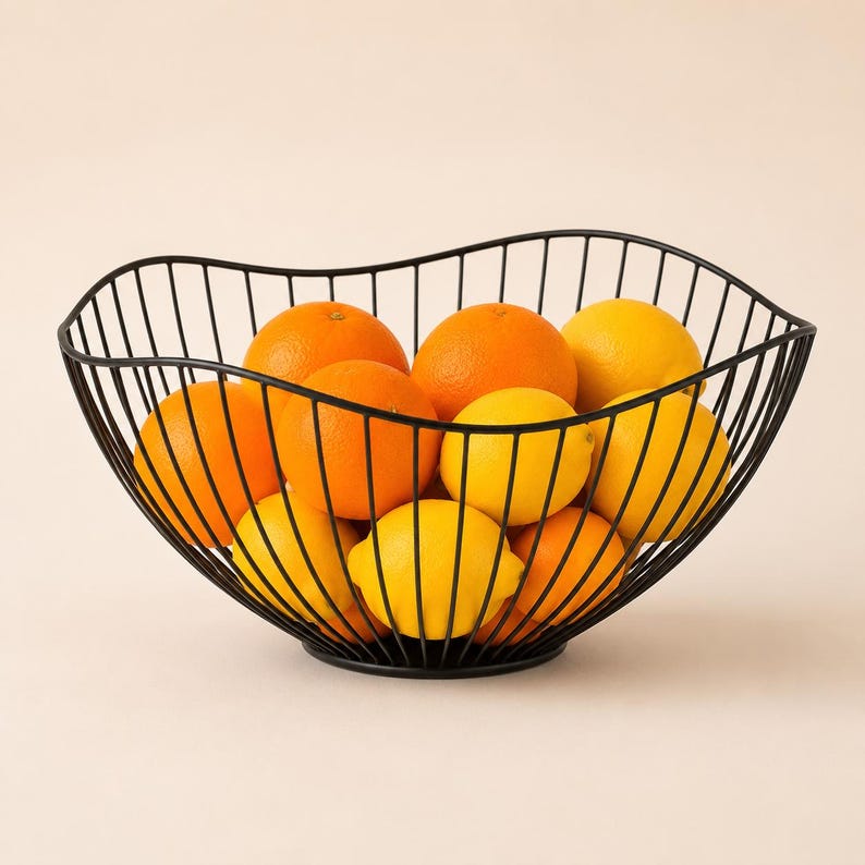 May include: A black wire fruit basket with a wavy, open-frame design filled with a collection of fresh oranges and bright yellow lemons. The metal container features thin vertical bars that curve upward to form a wide, rounded bowl shape.