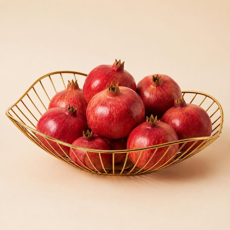 May include: A gold-toned wire fruit bowl with a wavy, open-frame design holding eight whole pomegranates. The pomegranates are round with deep red skins and textured crowns, arranged in a cluster within the metallic, curved wire structure.