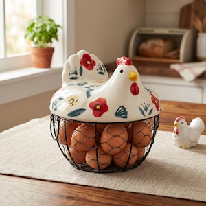 May include: A ceramic chicken-shaped egg basket with a wire mesh base, filled with brown eggs. The white ceramic lid is decorated with red, yellow, and blue floral patterns. A small ceramic chicken figurine sits nearby. The basket is on a wooden table.