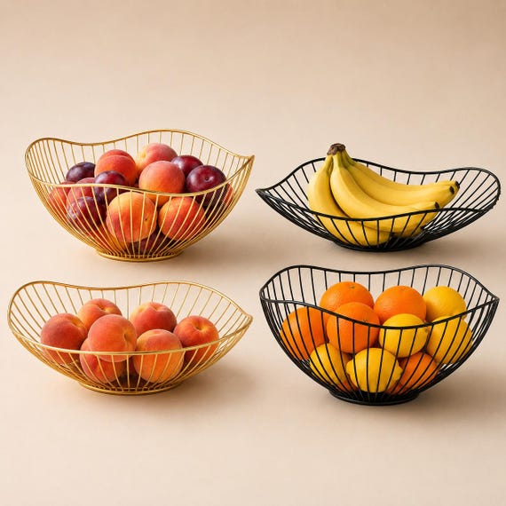 Metal Wire Fruit Basket | Modern Countertop Fruit Bowl | Decorative Kitchen Organizer | Wavy Dining Table Centerpiece | Produce Storage Bowl