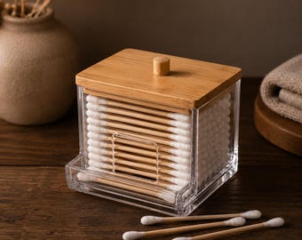 Bamboo Cotton Swab Holder | Clear Acrylic Organizer, Minimalist Bathroom Decor