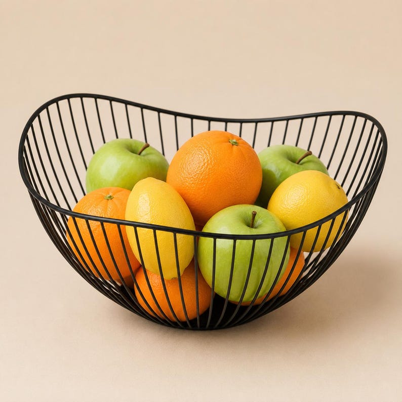 May include: A black wire fruit bowl with a curved, open-frame design containing a variety of fresh fruit, including bright green apples, vibrant orange oranges, and a bright yellow lemon, all arranged within the metal structure.
