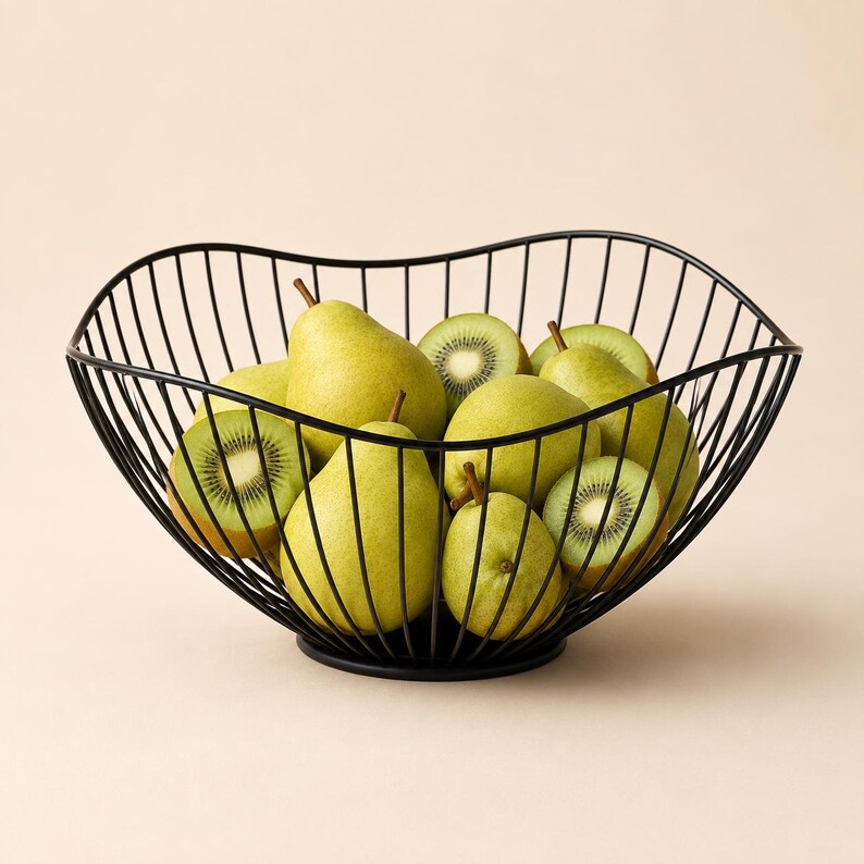 May include: A black wire fruit bowl with a wavy, open-frame design containing several whole yellow-green pears and sliced green kiwis. The bowl features a circular base and thin metal rods that curve upward to form a wide, rounded container.