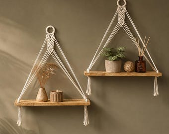 Zestaw 2 wiszących półek makramowych | Naturalne drewniane dekoracje ścienne w stylu boho, wisząca półka z liny, organizer do pokoju dziecięcego