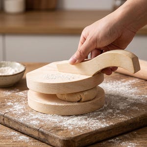 May include: A light-colored wooden tortilla press consisting of two circular flat discs and a curved handle. The top disc is being pressed down onto a round piece of dough, with visible wood grain texture throughout the tool's surface.
