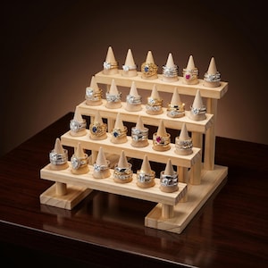 May include: A four-tiered wooden ring display stand featuring twenty-four light-colored wooden cones arranged in rows. Each cone holds a metal ring, including various designs with clear, blue, and red stones, set in gold and silver-toned bands.