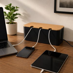 May include: A rectangular cable management box with a matte black base and a light wood grain lid. The lid features three circular cutouts for white charging cables that connect to a laptop, a smartphone, and a tablet resting on the desk surface.