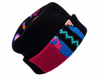 One of a Kind Handmade Wool Pillbox Hat Upcycled Sweater Hat Black Teal Magenta Patchwork Winter Hat