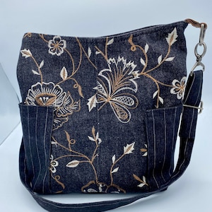 Recycled Jean Purse With Embroidery and Adjustable Strap