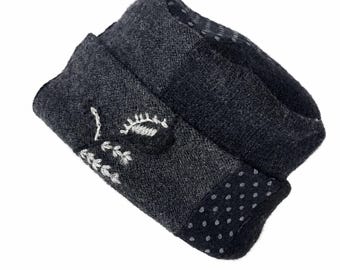 Handmade Upcycled Wool Hat Black Gray Polka Dot Fleece Lined Women's Winter Hat One Size USA