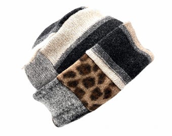 Upcycled Patchwork Wool Sweater Hat Handmade Winter Hat Leopard Accent Eco Friendly One of a Kind