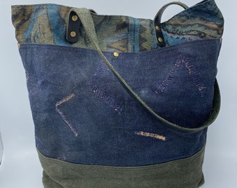 Waxed Fabric Tote Bag with Leather Handles