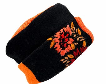 Upcycled Wool Sweater Hat Embroidered Floral Black Orange Red Womens Winter Hat One of a Kind
