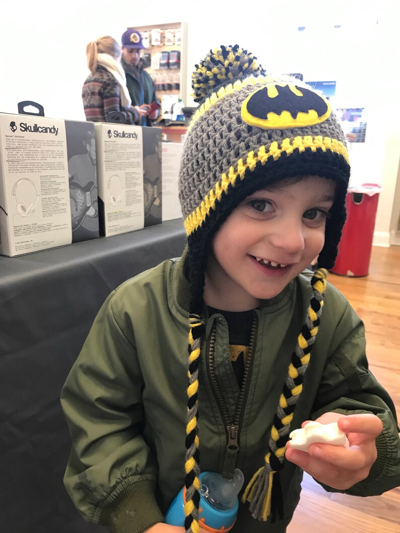 CROCHET /"BATMAN/" inspired HAT infant to adult sizes black beanie photo prop USA