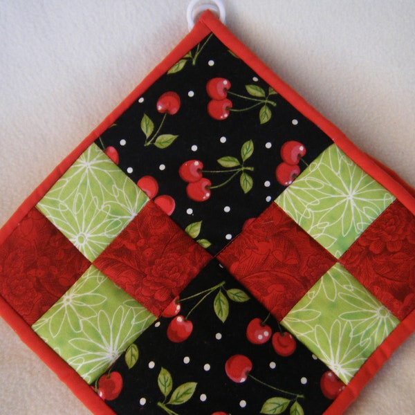 Black and Red Cherry Quilted Potholders - Set of 2