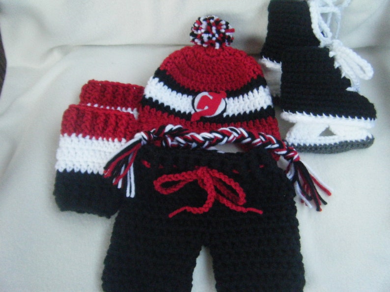 Crocheted New Jersey shops Devils Hat, Short Pants, Sock Leggings & Hockey Skates Booties Set These Are Made to Order