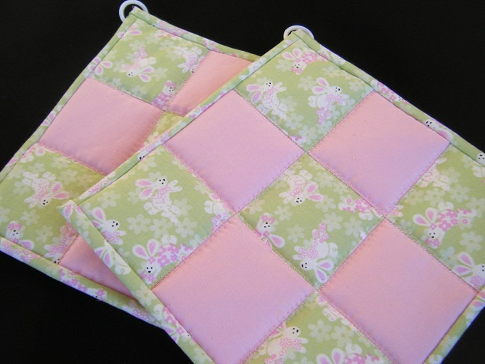 Green and Pink Easter Quilted Potholders Set of 2 HANDMADE Etsy