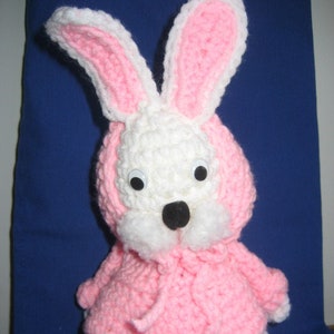 SALE Handmade 10 Inch Crochet Easter Bunny Rabbit in Pink Hoodie Vintage Amigurumi Animal Toy Doll American Made in USA image 1