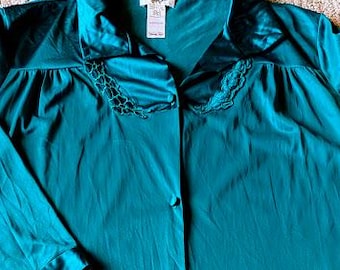 Vintage Vanity** Fair  Robe - Knee Length Nylon Robe - Teal Green  Button Up - Ladies Large