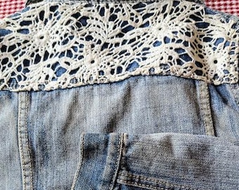 Distressed Denim Crop Jacket with Crochet Accents – Boho Trucker Style (Junior Small)