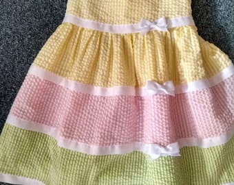 Toddler Sun Dress - Yellow, Pink and Green Seersucker Stripe -  Ribbon Trim - Back Tie   - Girls Size 3T