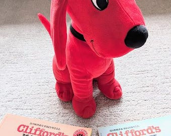 CLIFFORD The Big Red Dog  - Vintage Velvet Stuffie - 12 Inches  Sits Alone - 2 Clifford Books Included