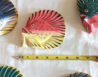 Handcrafted Painted Wooden Tropical Fish - Set of Five - 3 D with Drilled Holes for Hanging - Purchased Dutch West Indies 1980s