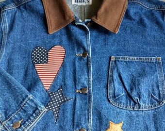 2XL Denim Chore Coat - Distressed Cotton Denim / Brown Corduroy Collar - Ladies Plus Size XL- XXL