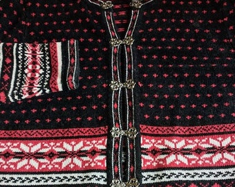 Vintage Nordic Cardigan - Scandinavian Snowflake Sweater Jumper - Metal Frog Clasps - Ladies Medium