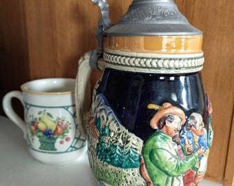 Large German Beer Bier Stein - 8 1/2" Tankard - Pewter Metal Lid - Polychrome Ceramic Pottery Stoneware - Made in  Western Germany