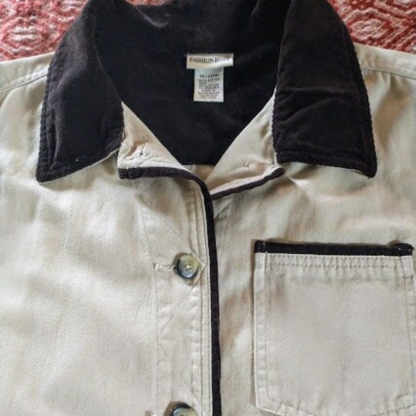Vintage Khaki Chore Coat Jacket - Cotton with Corduroy Collar and Trim - Women Size 18-20