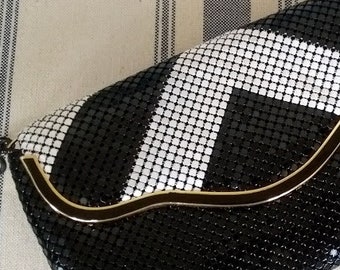 Metal Mesh Evening Bag - Clutch or Shoulder Strap Serpentine Cord -  Black and White