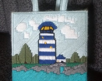 Handmade Needlepoint Tote Bag -  Lighthouse Completed Plastic Canvas   - Vintage Folk Art - Made in USA