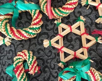 Handmade** Straw Christmas Ornaments - Lot of 13 - Each 3-4 inches -