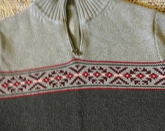 100% Cotton Henley Sweater - Vintage Eddie Bauer - Color Block Nordic Design - Approx. Ladies Med/Large