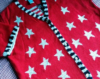 American Flag Sweater  - Short Sleeve Button Cardigan - Kitsch Knitwear -Sparkle Stars -Ladies L- XL