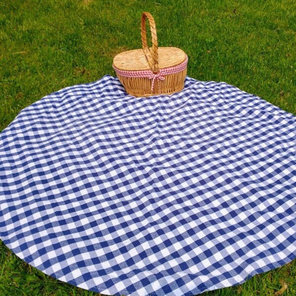 Round Picnic Tablecloth  - Blue and White Checked Casual Dining - Hefty Cotton - Approx 60" Diameter
