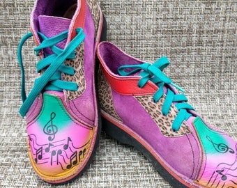 Handcrafted Leather Shoes - Artisan Hand Painted  Music Ankle Boots - Ladies Size 9- American Made in USA