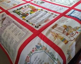Handmade Vintage Calendar Tea Towel Quilt - UNIQUE Hand Pieced Quilted Bed Spread Blanket  98" x 80" -  American Made in USA