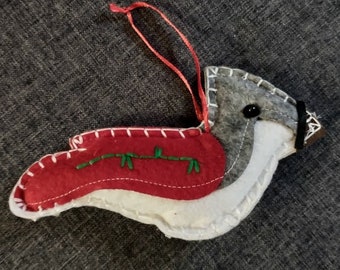 Felt Bird** Ornament - Handmade 7" Christmas/Winter Decor - Double Sided Cardinal Red Bird