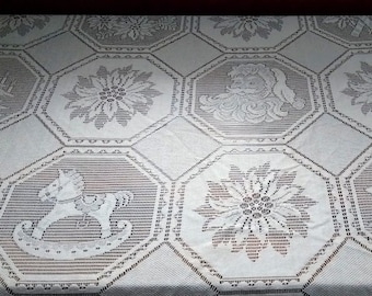 Round Christmas Lace Tablecloth - Vintage Ivory  Approx 68" Diameter - Christmas Holiday Patterns - American Made in USA